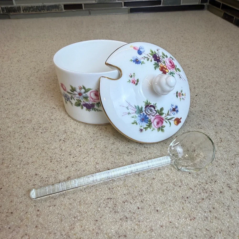 Vintage Minton Marlow Bone China Jam Pot w/ Lid & Glass Spoon Floral England